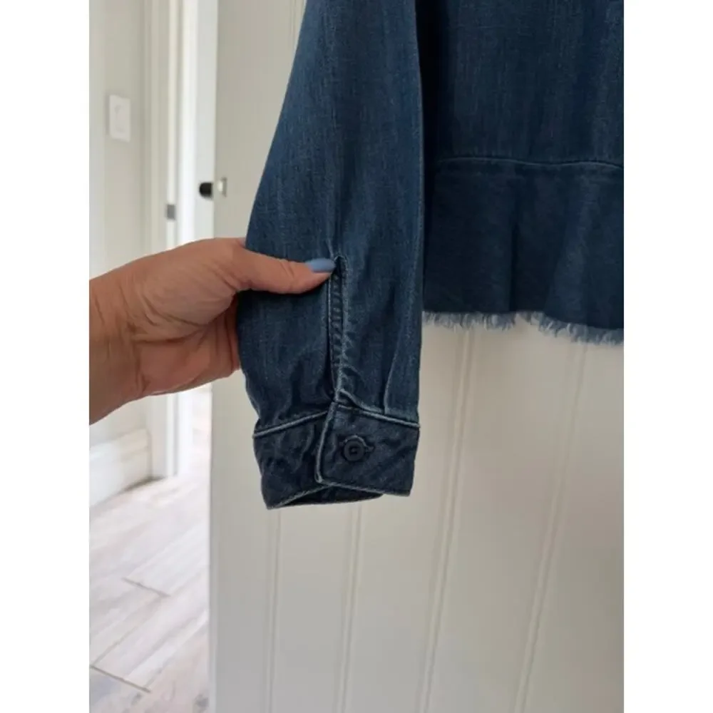 Cloth & Stone Chambray Lyocell Peplum Top Frayed Hem Button Back Long Sleeve S - Picture 6 of 10